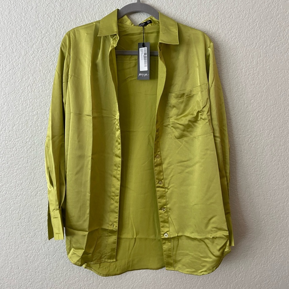 Nasty Gal Oversized Long Sleeve Satin Shirt in Lime